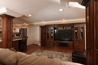 dark wood custom cabinets in living room